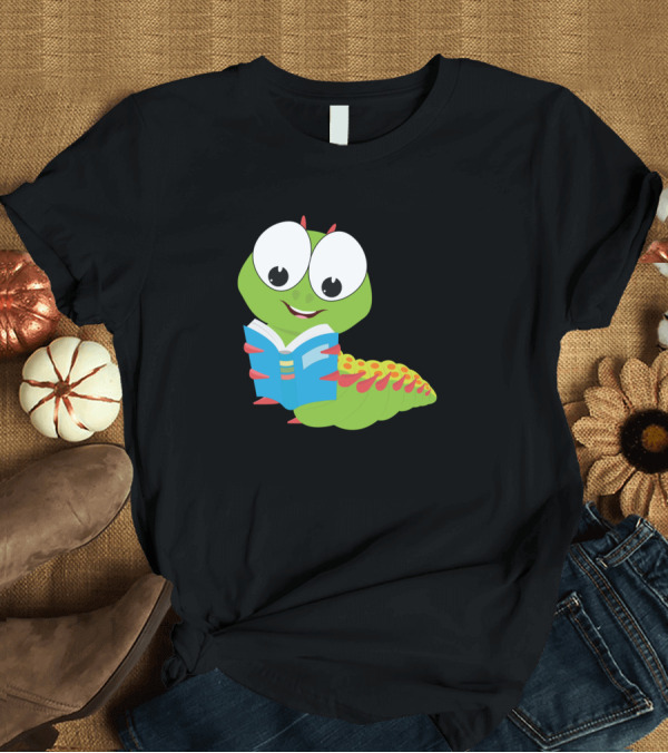 T-Shirt: Kids Cartoon Caterpillar with Book Motif T-Shirt Kids Cartoon Caterpillar with Book Motif T-Shirt