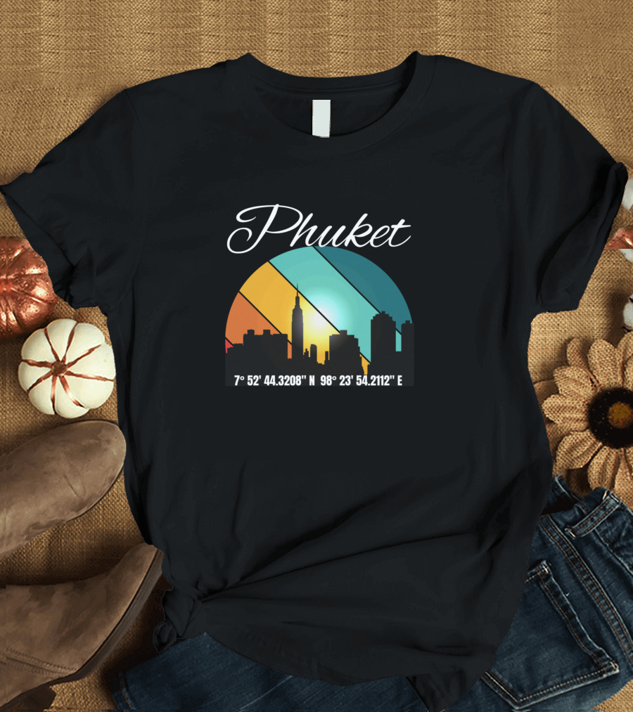 Phuket Skyline Silhouette With Coordinates and Sunset Stripes T-Shirt
