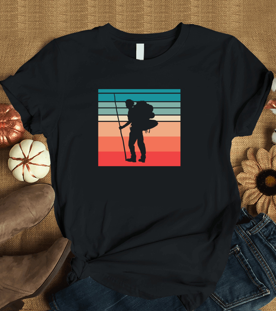 Retro Hiker Silhouette Against Sunset Stripes T-Shirt
