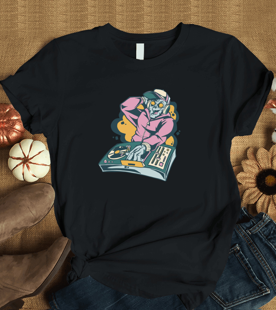 Zombie DJ Mixing Beats with Headphones and Turntable T-Shirt