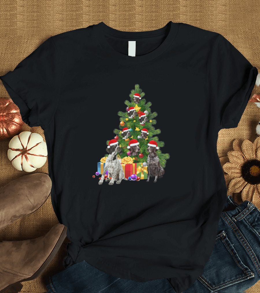 German Shorthaired Pointer Dogs with Santa Hats Around Christmas Tree with Gifts T-Shirt