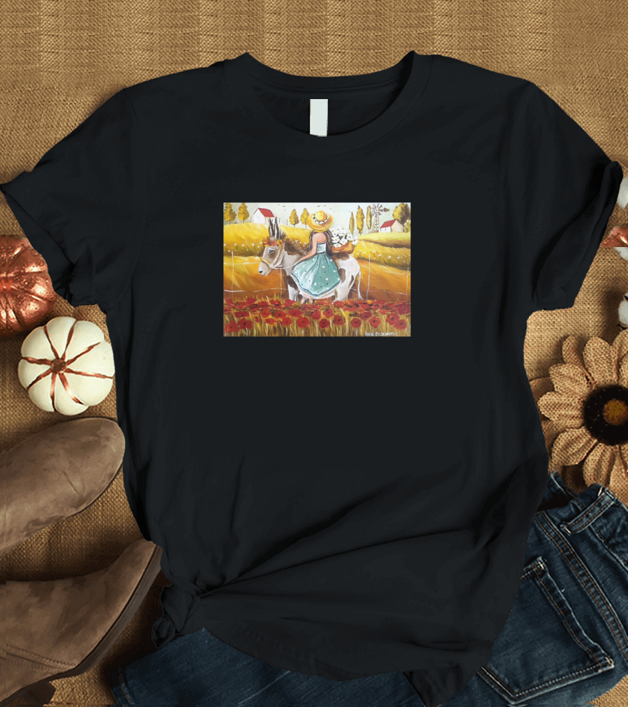 Splash Of Color Girl Riding a Donkey in Field by Anik Gougeon T-Shirt