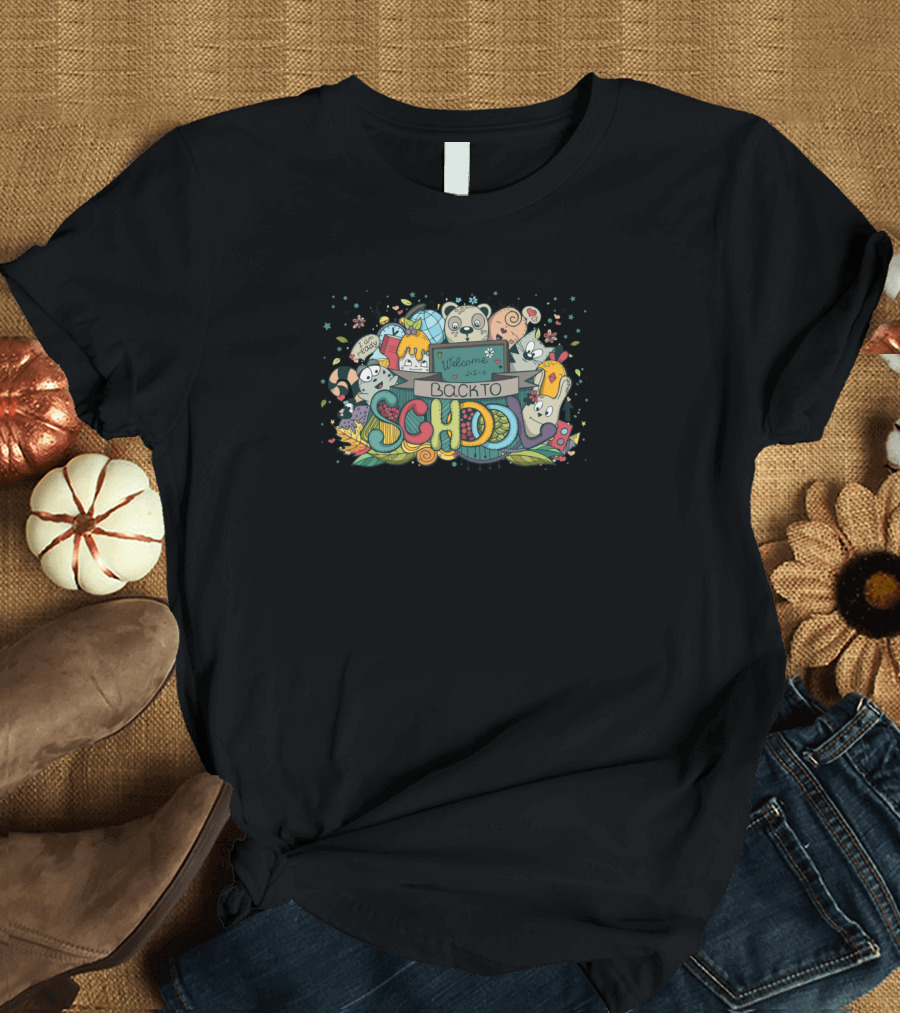 Welcome Back to School Cute and Colorful Supplies and Creatures T-Shirt