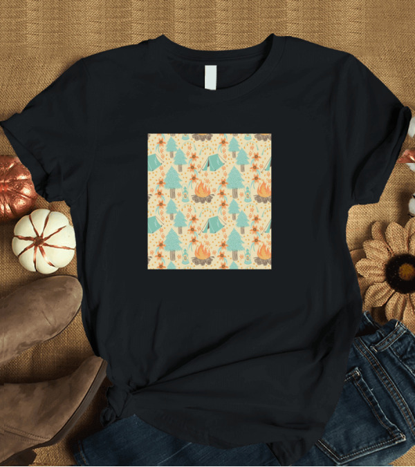 T-Shirt: Camping Pattern Forest Trees Tents Campfire Nature Icons T-Shirt Camping Pattern Forest Trees Tents Campfire Nature Icons T-Shirt