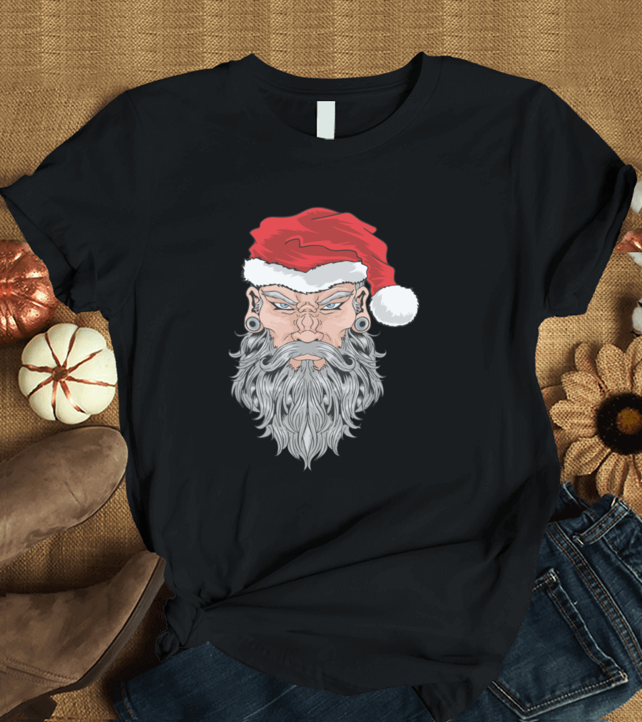 Classy Santa Claus Stylish Tattoo Art Santa Hat Rugged Beard T-Shirt