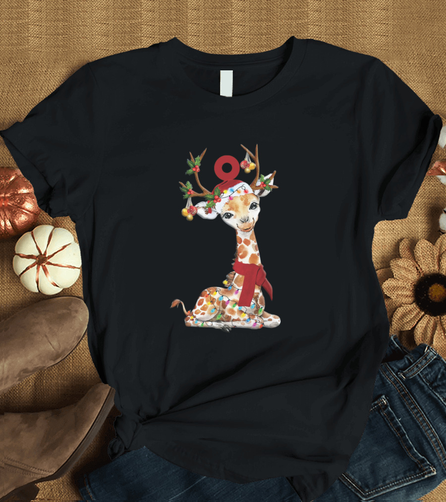 Giraffe Reindeer Christmas Light Ornament with Santa Hat and Red Scarf T-Shirt