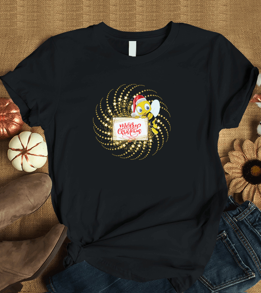 Merry Christmas Bee Santa Hat Sparkle Stars T-Shirt
