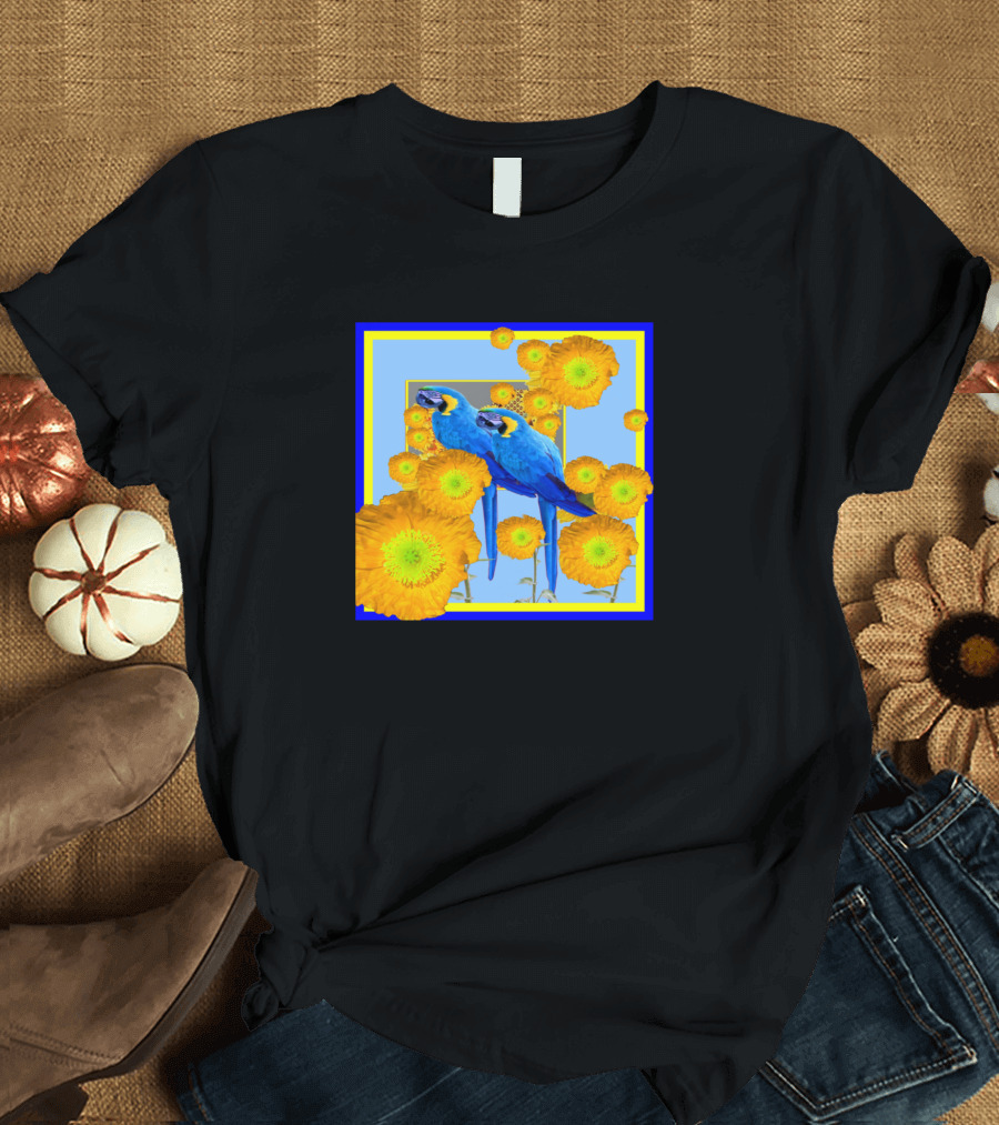 Poppy Parrots Blue and Yellow Macaws Among Bright Flowers T-Shirt
