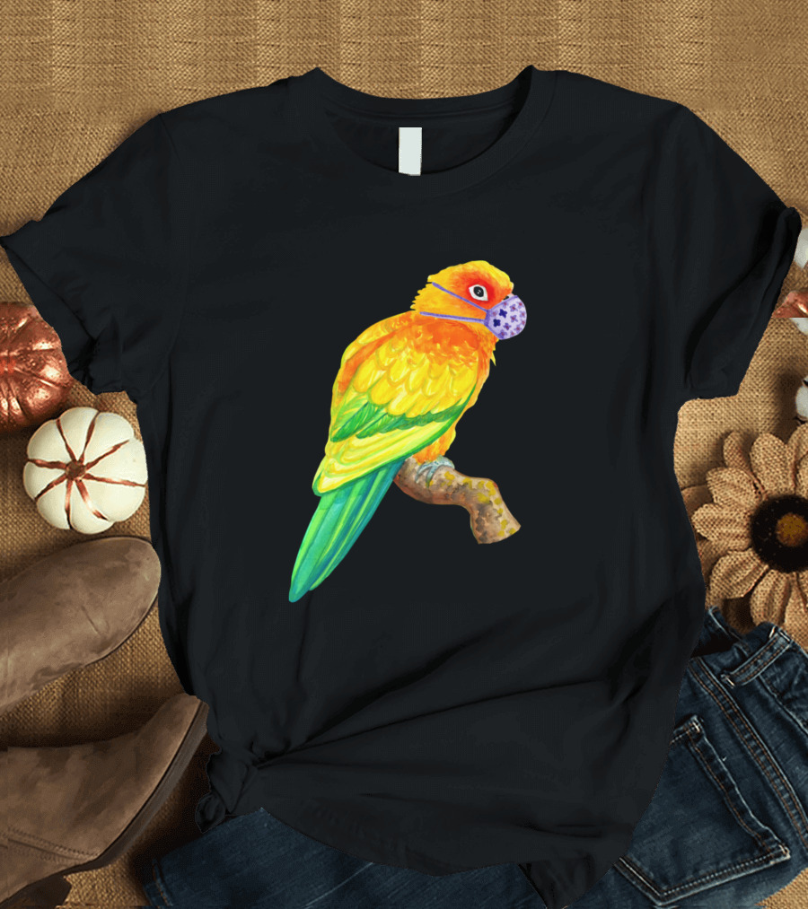Sun Conure Parrot Wearing Face Mask Watercolor Art Bird Branch Colorful T-Shirt
