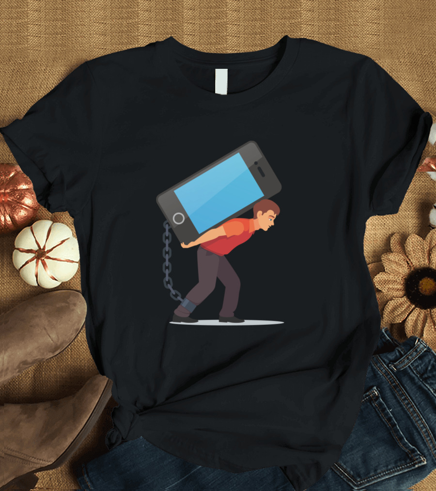 Bended Man Carrying Heavy Mobile Phone Addiction Burden T-Shirt