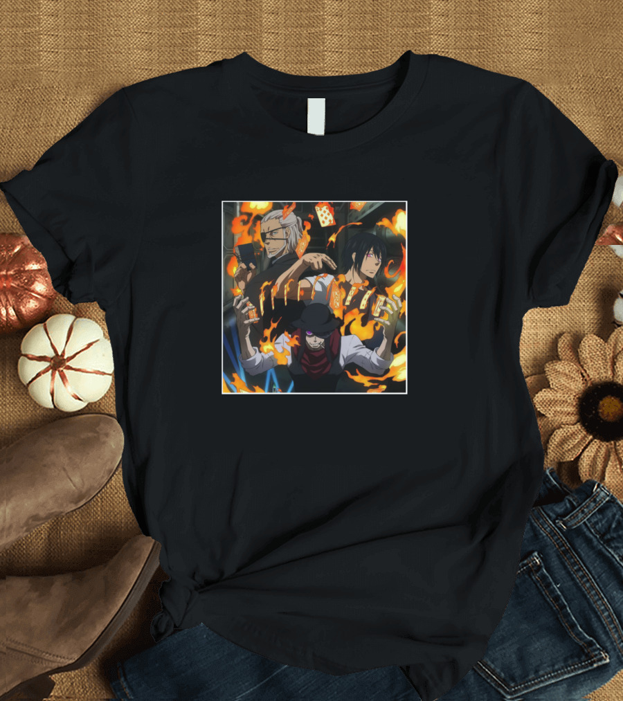 Fire Force Anime Characters with Flames and Playing Cards T-Shirt