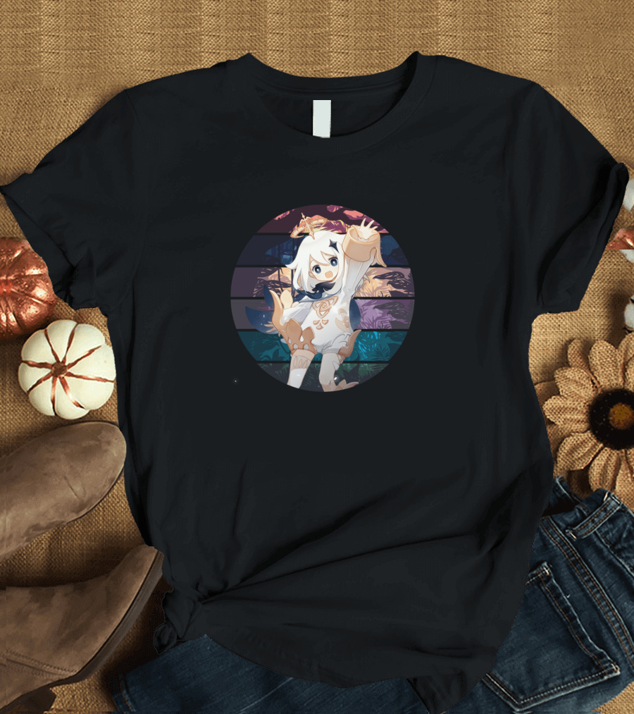 Paimon Genshin Impact Cute Character with Sunset Background T-Shirt