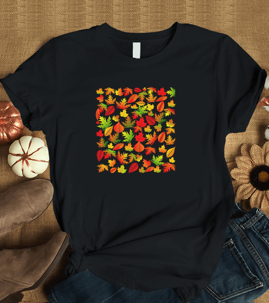 Autumn Fall Colorful Leaves Pattern with Maple and Oak Shapes T-Shirt