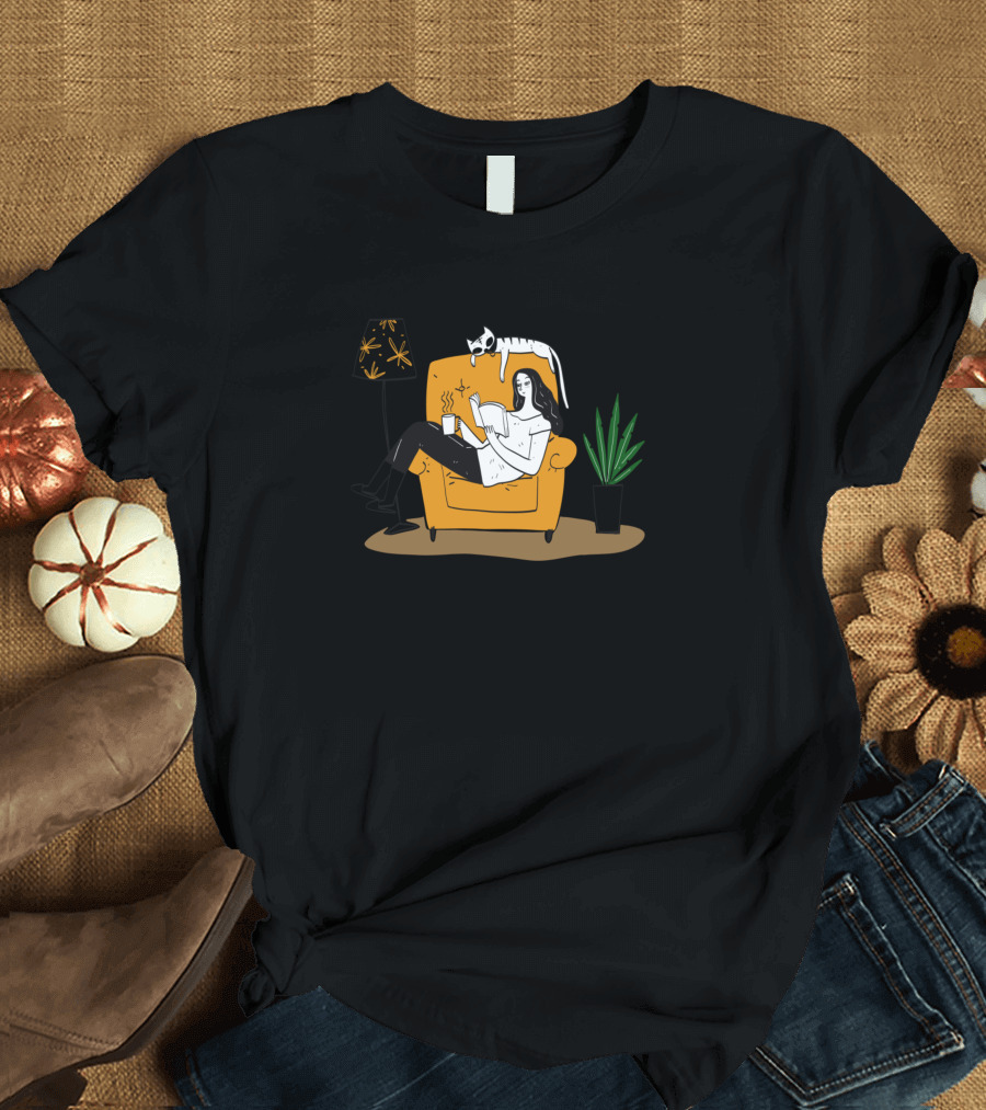 Girl Reading With Coffee Cozy Cat and Book T-Shirt