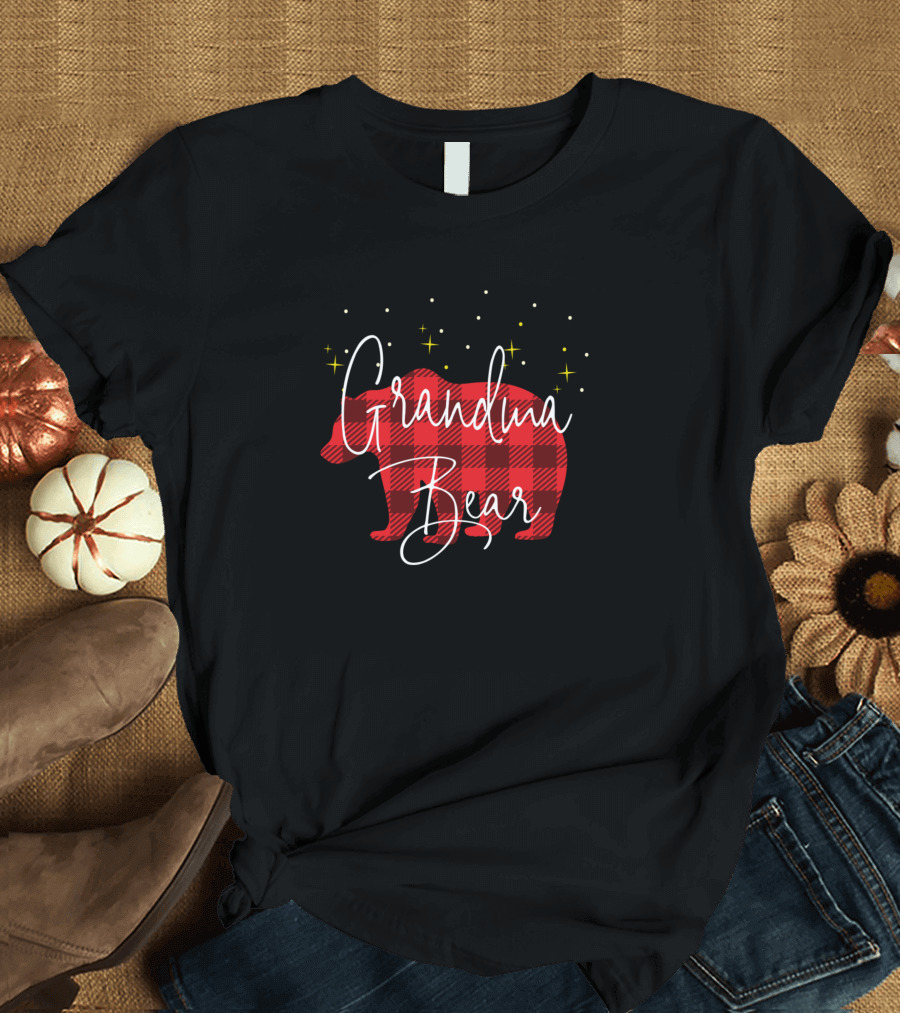 Grandma Bear Red Plaid with Stars Christmas Buffalo T-Shirt