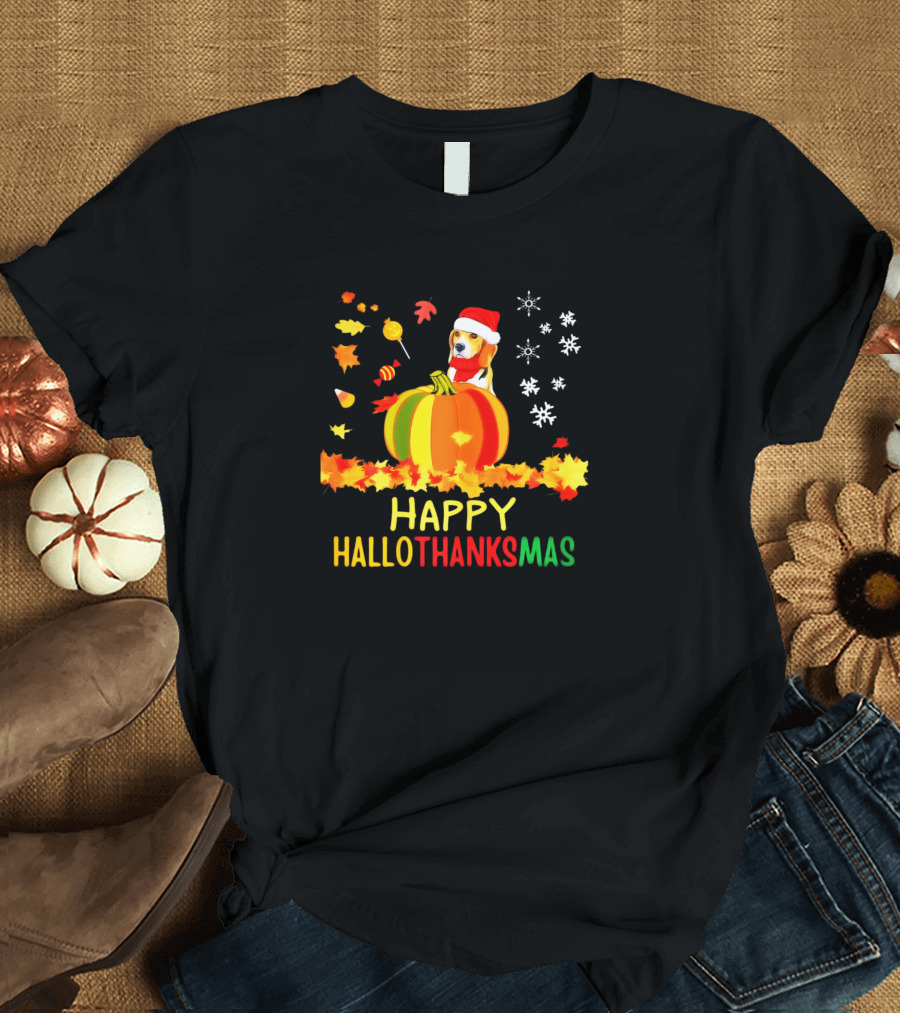 Happy Hallothanksmas Beagle Santa Pumpkin Snowflakes Leaves T-Shirt