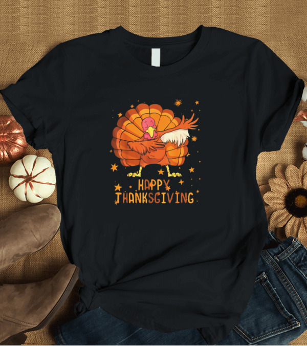 T-Shirt: Happy Thanksgiving Kids Dabbing Turkey with Stars T-Shirt Happy Thanksgiving Kids Dabbing Turkey with Stars T-Shirt