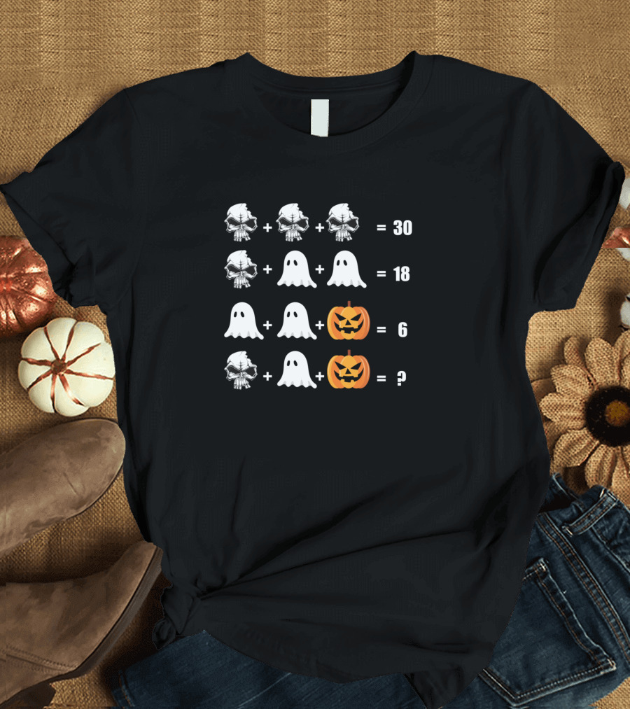 Math Teacher Halloween Ghost and Skull Pumpkin Equation Puzzle T-Shirt
