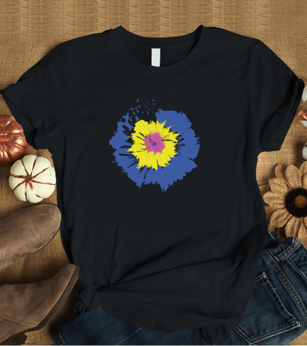 T-Shirt: Three Colored Vibrant Blue Yellow Pink Flower T-Shirt Three Colored Vibrant Blue Yellow Pink Flower T-Shirt