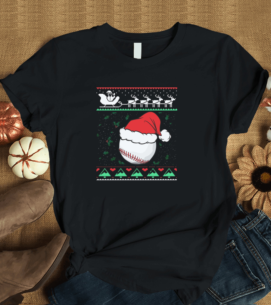 Ugly Christmas Baseball Ball Santa Hat with Reindeer and Sleigh T-Shirt