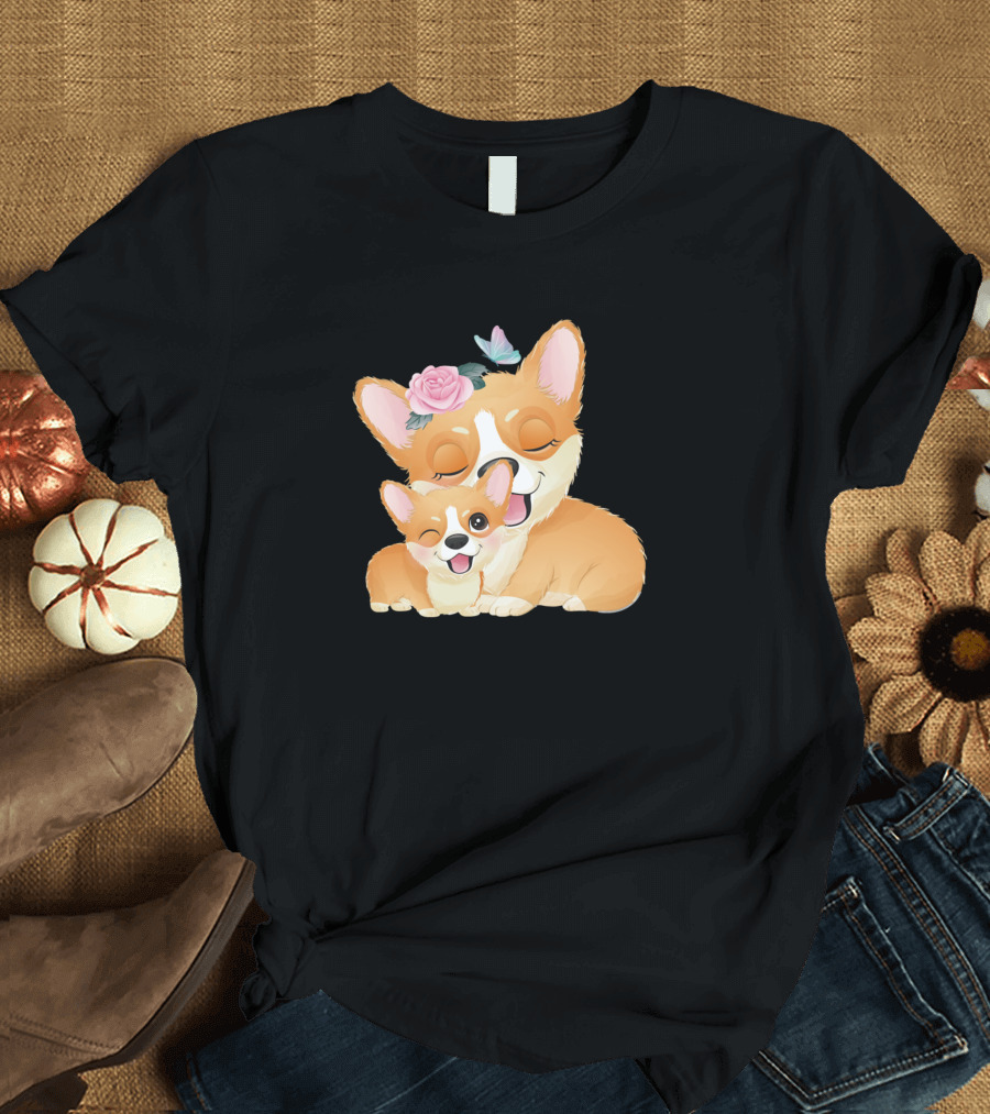 Dog Cute Mother Baby Corgi Flower Crown Butterfly T-Shirt