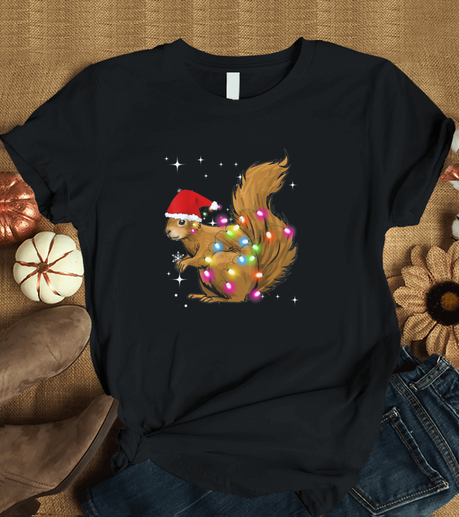 Christmas Squirrel in Santa Hat with Colorful Holiday Lights T-Shirt