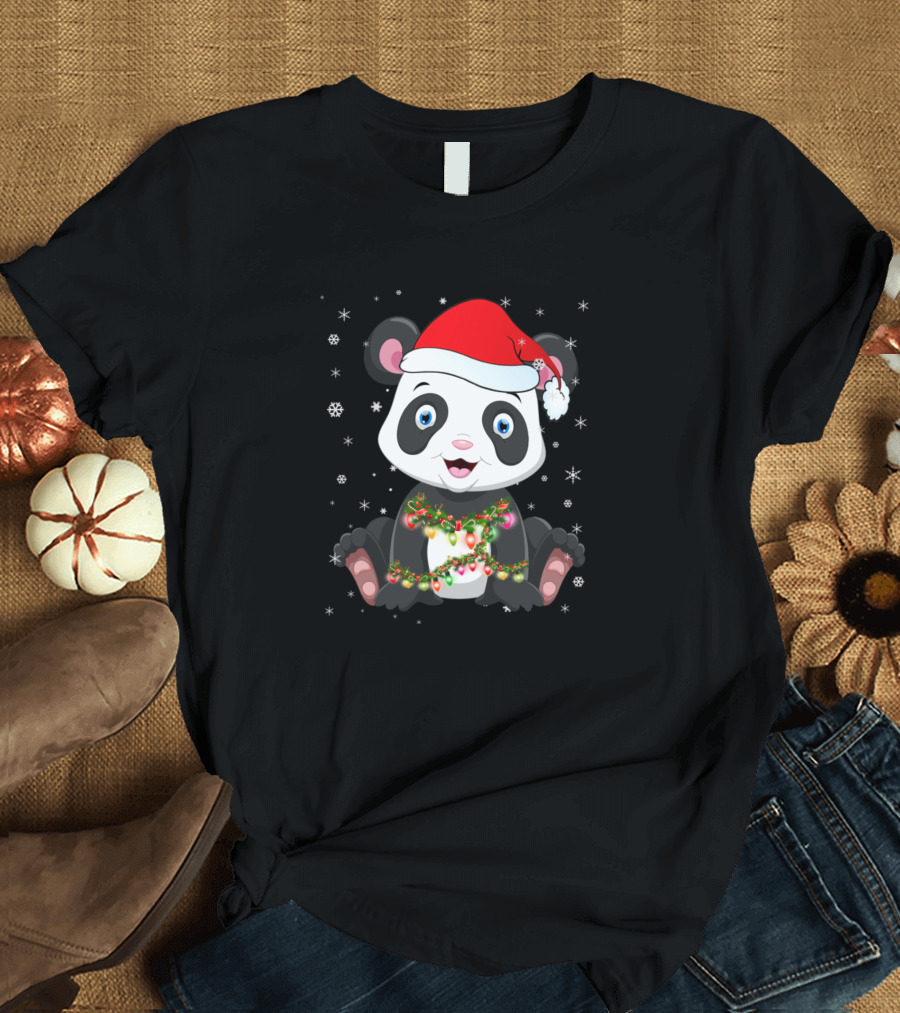 Panda Bear Santa Hat Christmas Lights Snowflakes Matching Family T-Shirt