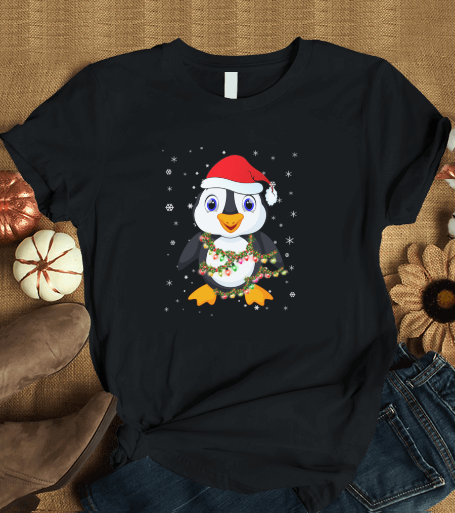 Penguin Santa Hat Christmas Lights Snowflakes T-Shirt