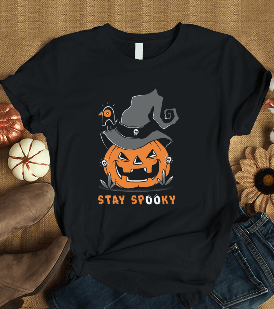 Stay Spooky Pumpkin Lantern with Witch Hat and Skull Bird T-Shirt