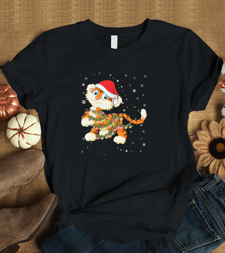 Christmas Tiger with Santa Hat and Holiday Lights T-Shirt
