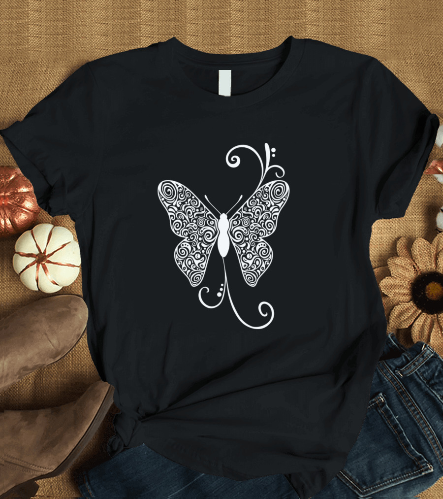 Butterfly Doodle Pattern White Detailed Swirl Motif T-Shirt