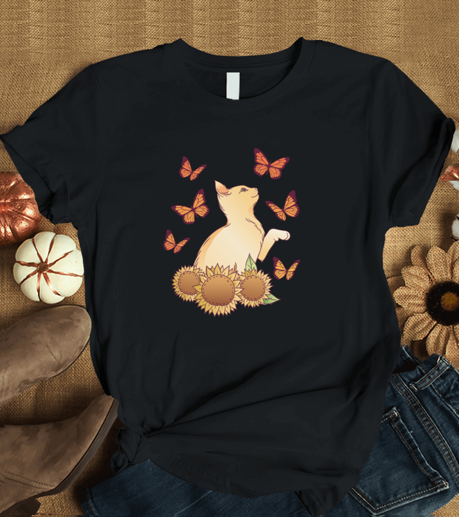 Cat Surrounded by Sunflowers and Orange Butterflies T-Shirt