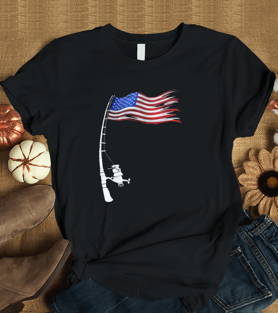 Fishing Lovers American Flag Fishing Rod With USA Flag T-Shirt