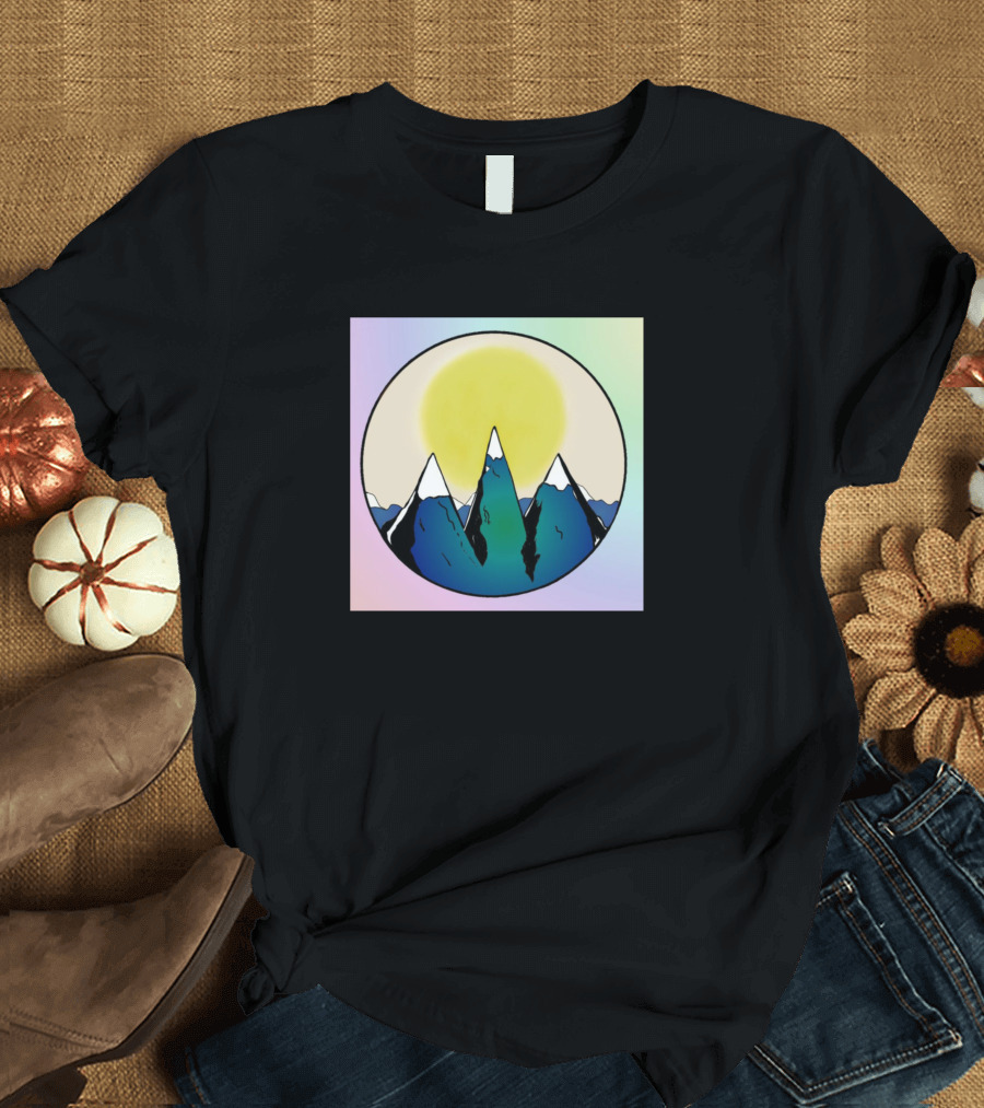 Sun and Blue Mountain Circle with Pastel Background T-Shirt