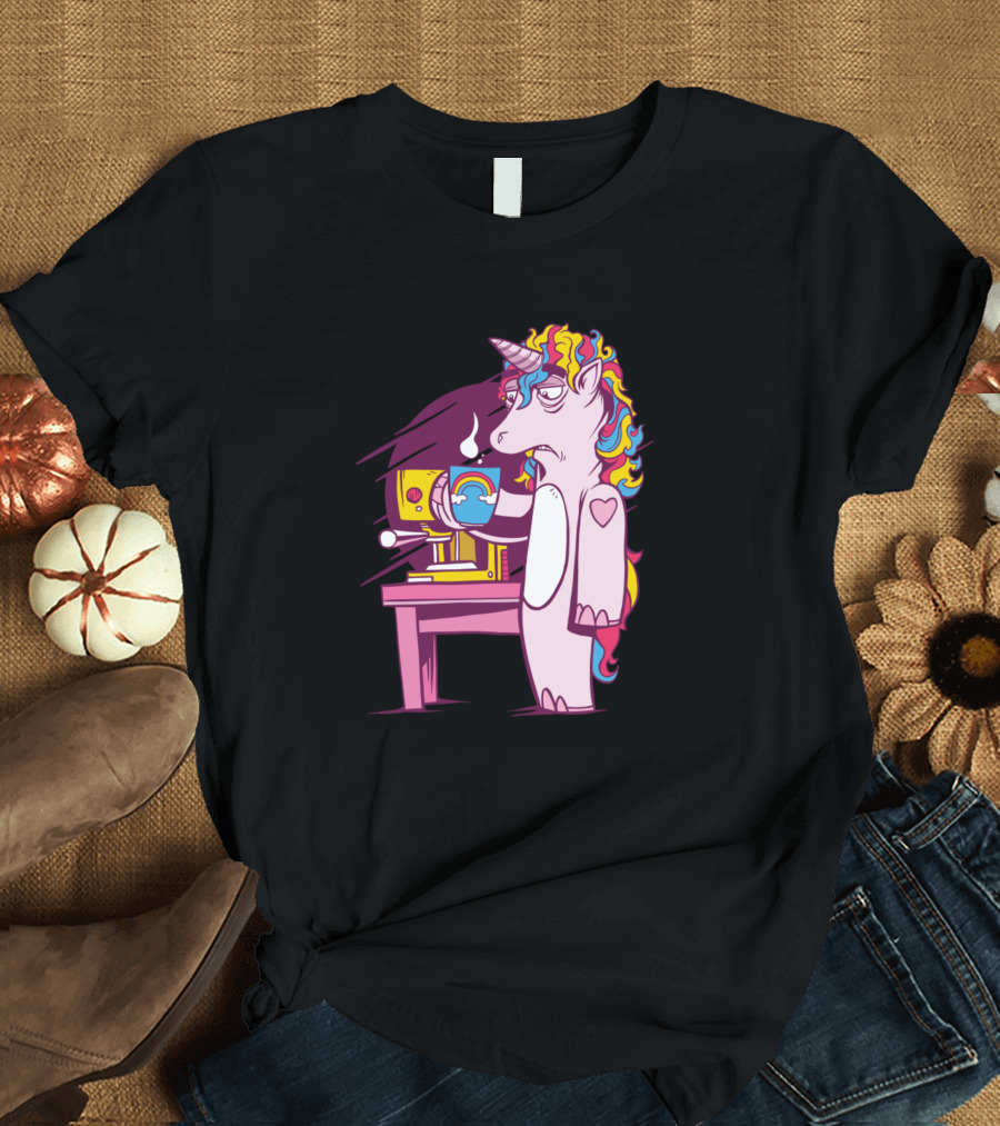 Unicorn with Rainbow Hair Holding Coffee by Espresso Machine T-Shirt