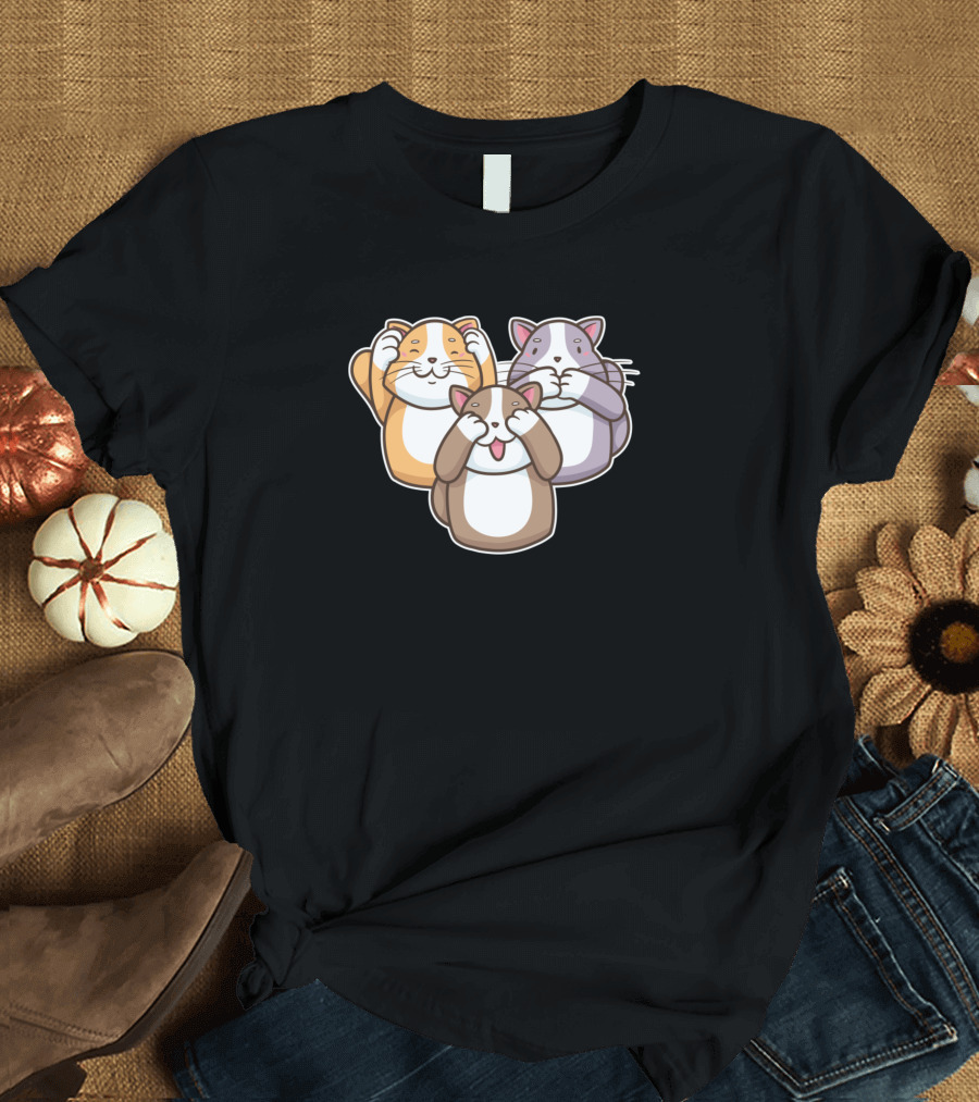 Wise Cats No See No Hear No Talk Funny Cartoon Cat Trio T-Shirt