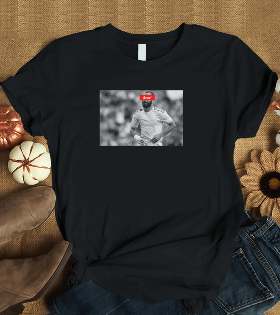 Benzema Black and White Photo with Red Benz Mask T-Shirt