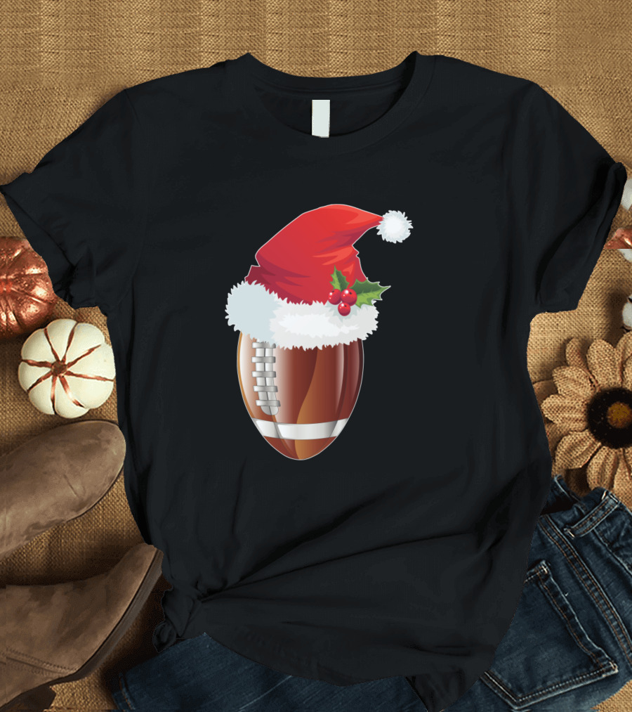 Funny Christmas Santa Hat Rugby Ball Sport Lover T-Shirt