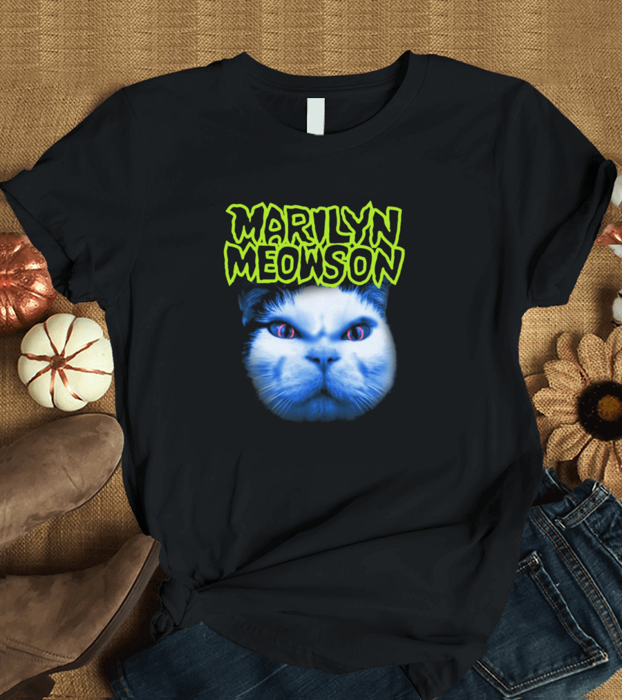 MARILYN MEOWSON Blue Cat Face with Neon Green Text T-Shirt