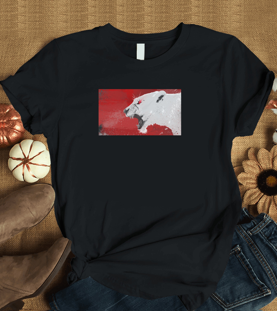 Angry Red and White Lion Roaring Against Abstract Background T-Shirt