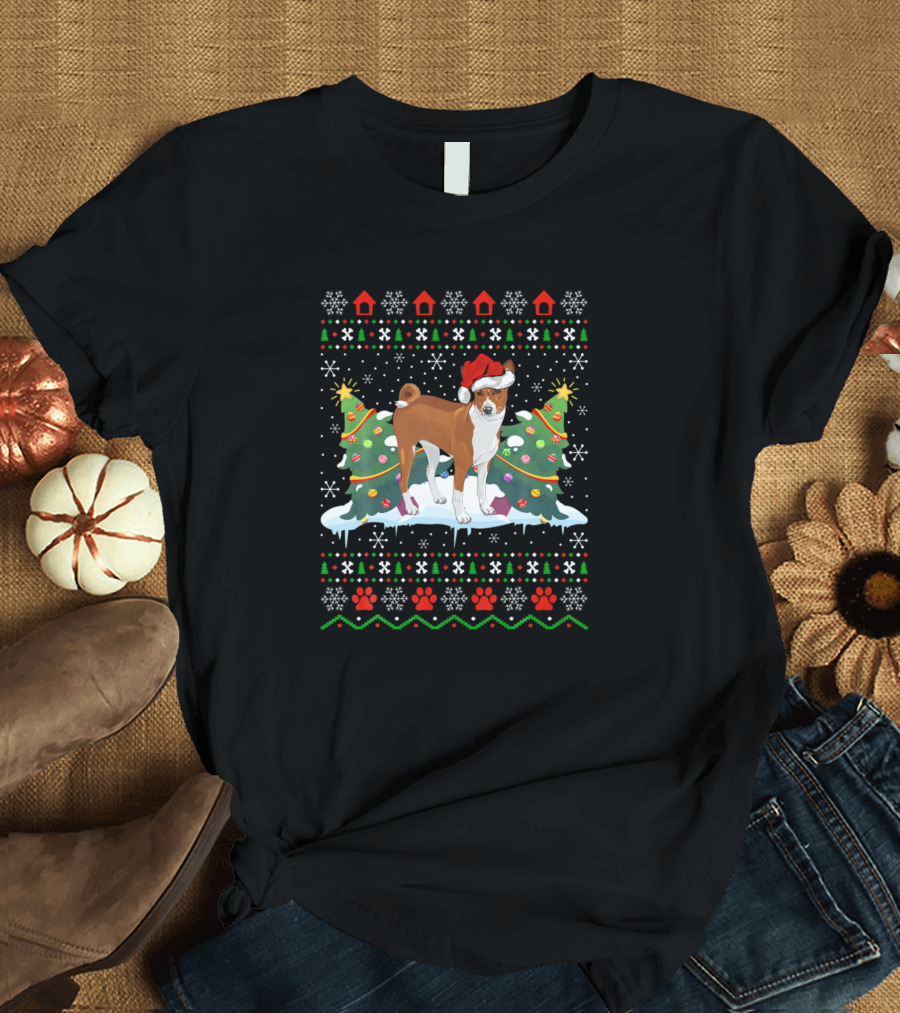 Basenji Dog Christmas Ugly Sweater with Santa Hat and Christmas Trees T-Shirt