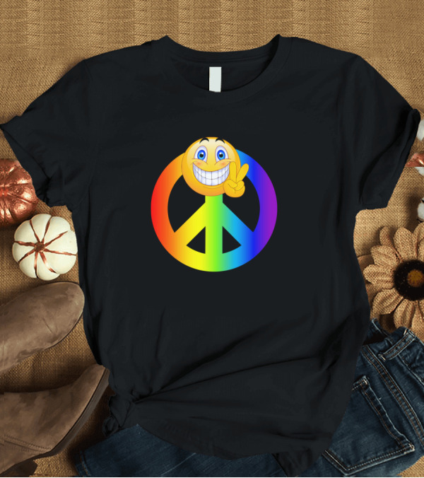 T-Shirt: Colorful Peace Emoji with Grinning Smile and Peace Sign T-Shirt Colorful Peace Emoji with Grinning Smile and Peace Sign T-Shirt