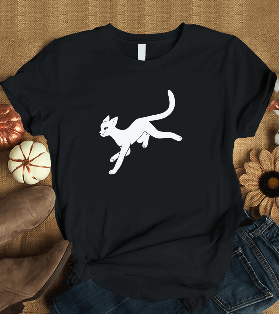 Jumping Cat Silhouette White Cat Outline T-Shirt