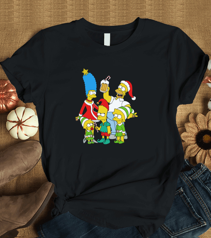 Simpsons Christmas Family with Homer Santa Hat and Beer T-Shirt