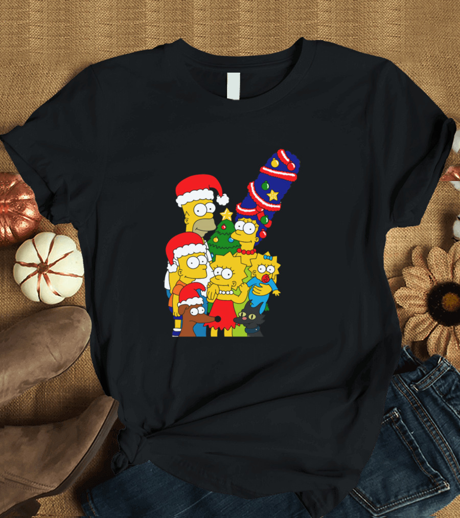 Simpsons Family Christmas with Tree and Santa Hats T-Shirt
