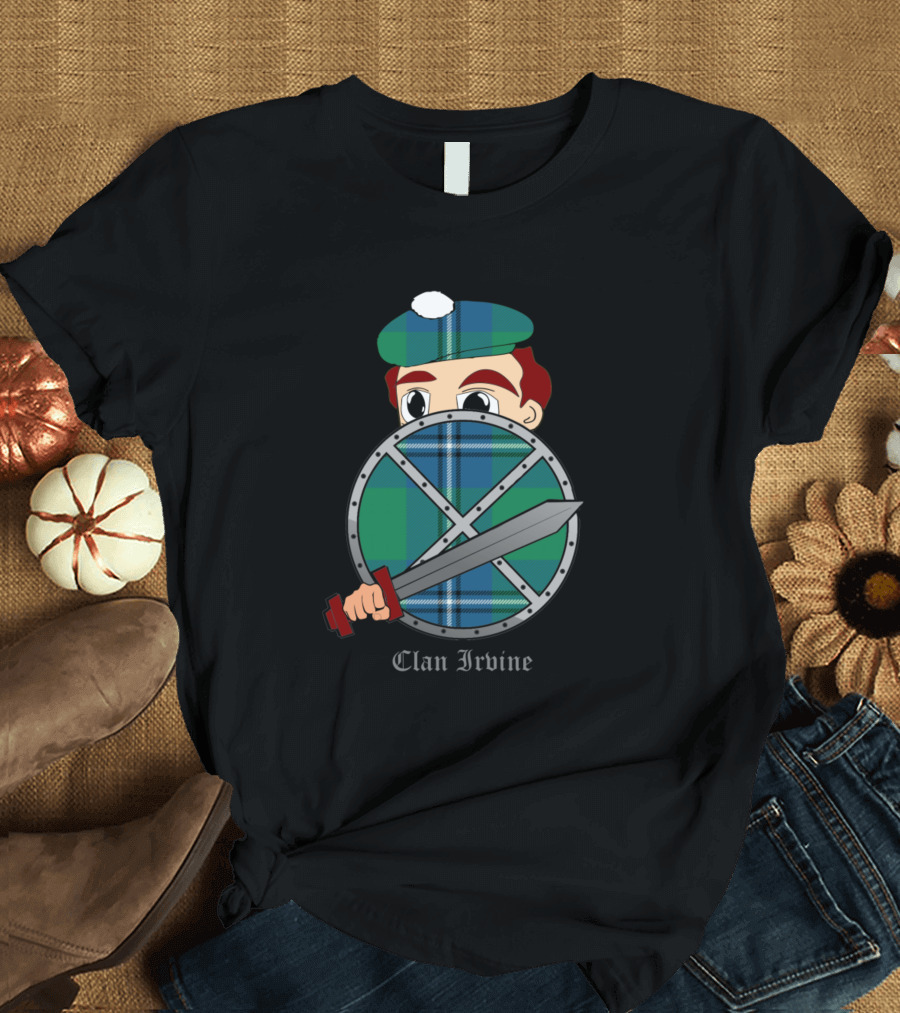 Clan Irvine Tartan Plaid Warrior Shield and Sword T-Shirt