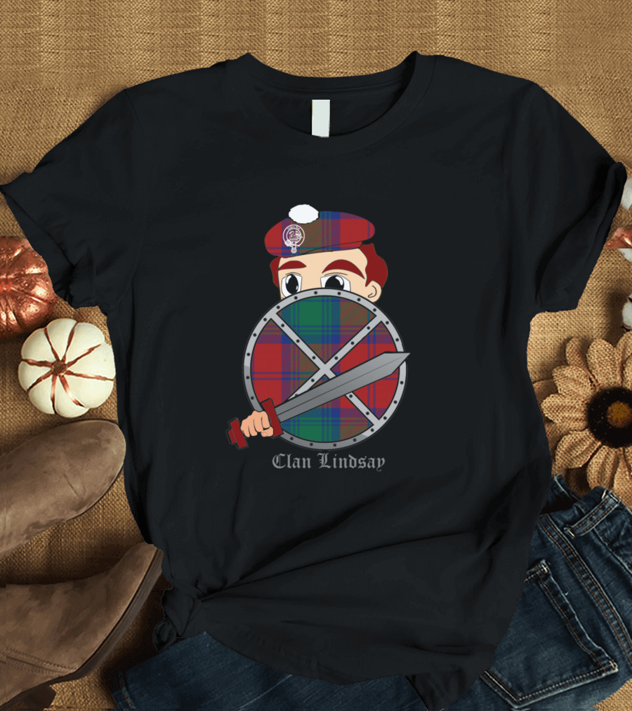 Clan Lindsay Tartan with Shield and Sword T-Shirt