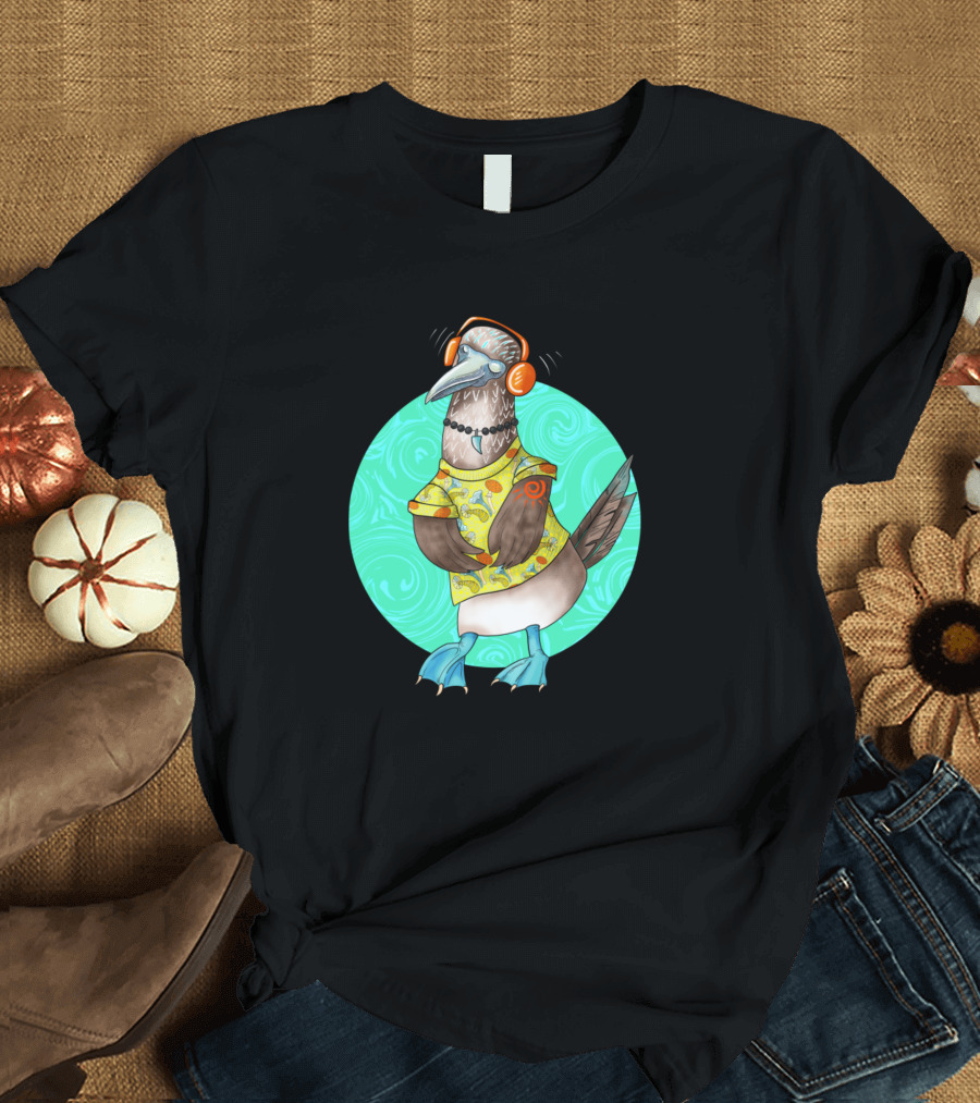 Dancing Booby Bird in Headphones and Patterned T-Shirt