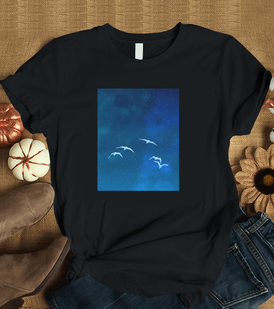 Fantasy Night Time Glowing Birds in Starry Sky Landscape Painting T-Shirt