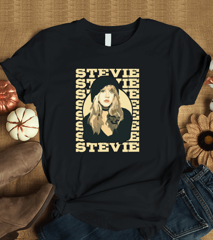 Stevie Nicks Retro Style Portrait with Repeated Stevie Text T-Shirt